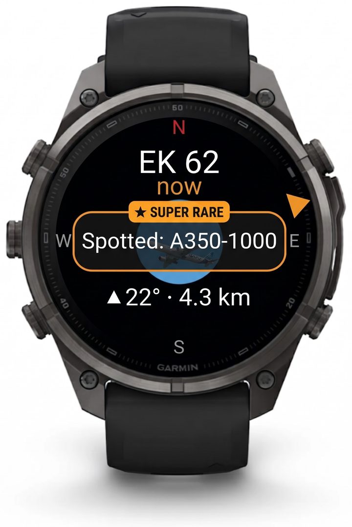Smartwatch mit Tailradar: Kompass, Flugnummer EK 62, Stempel Spotted A350-1000 mit dem Tag Super Rare